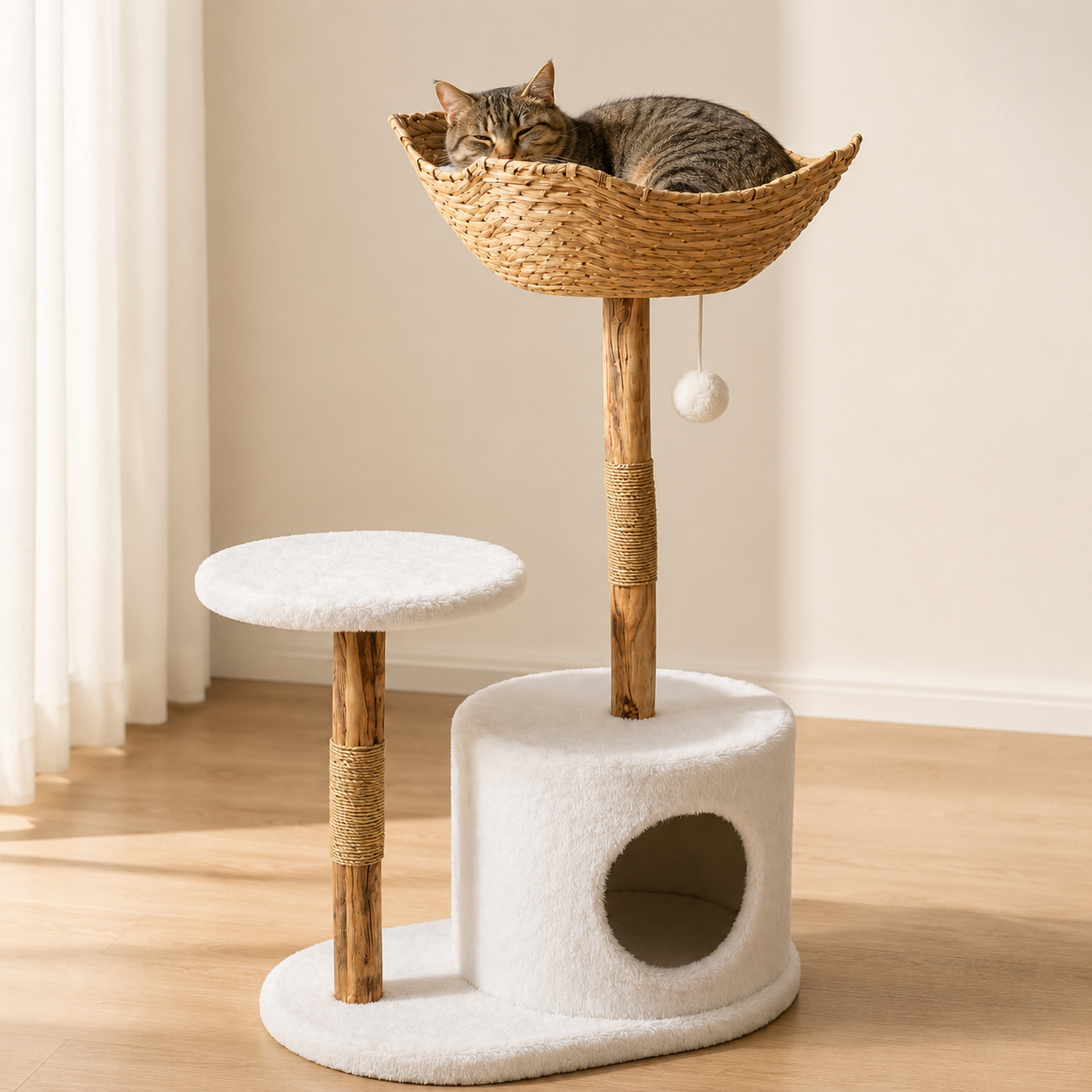 Multi-Level Wood Cat Tree with Condo and Basket