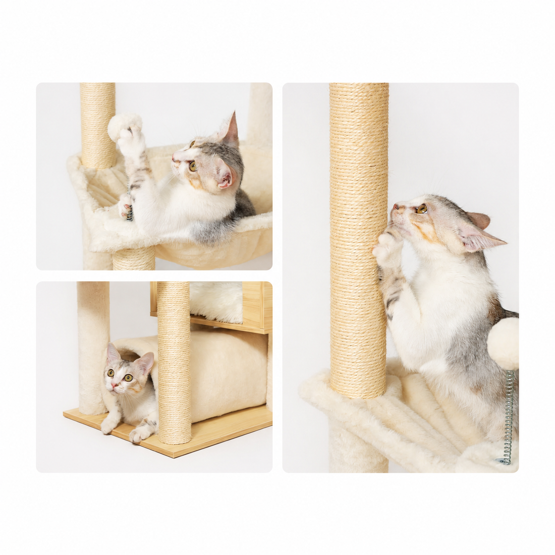 Height-Adjustable Wooden Cat Tree with Hammock