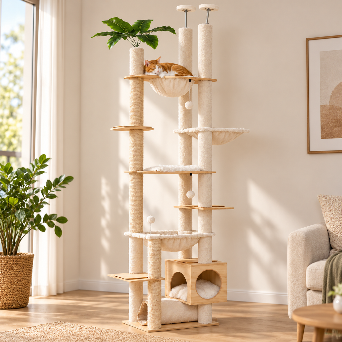 Height-Adjustable Wooden Cat Tree with Hammock