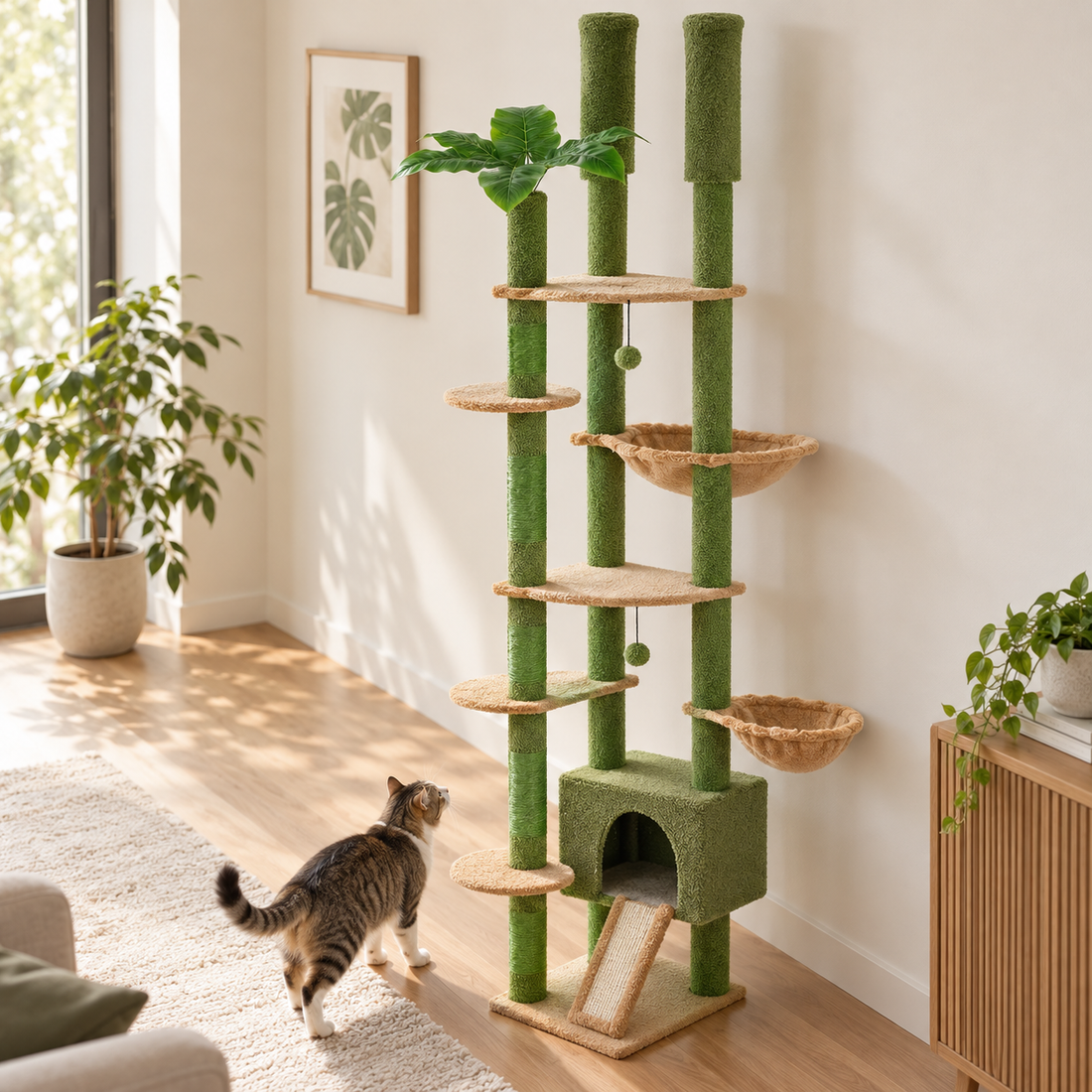 Height-Adjustable Wooden Cat Tree with Hammock
