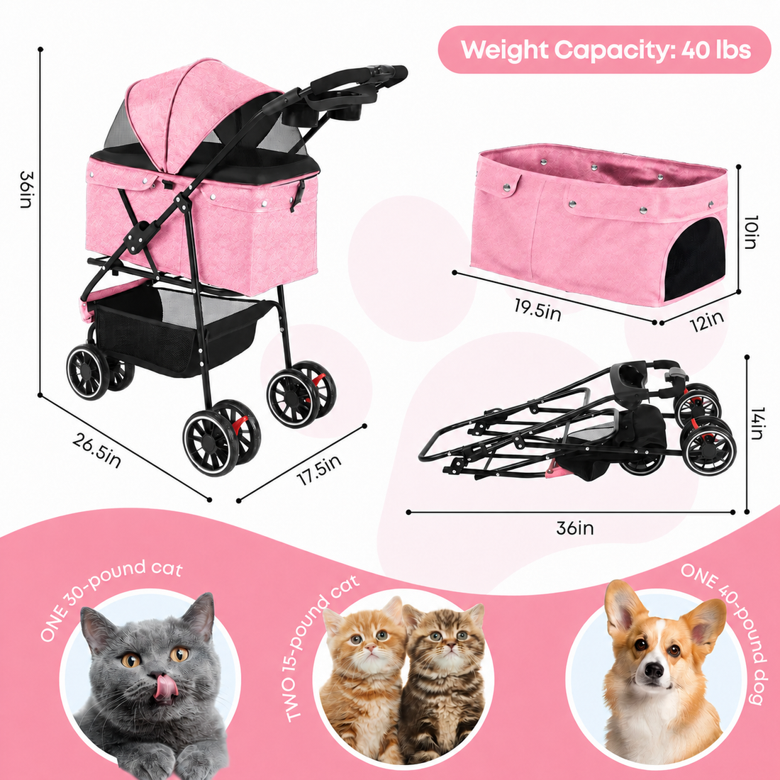 3-Wheel Pet Stroller for Small Dogs and Cats