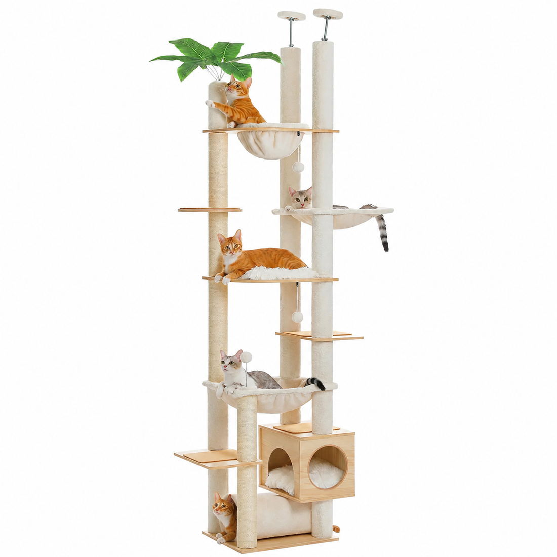 Height-Adjustable Wooden Cat Tree with Hammock