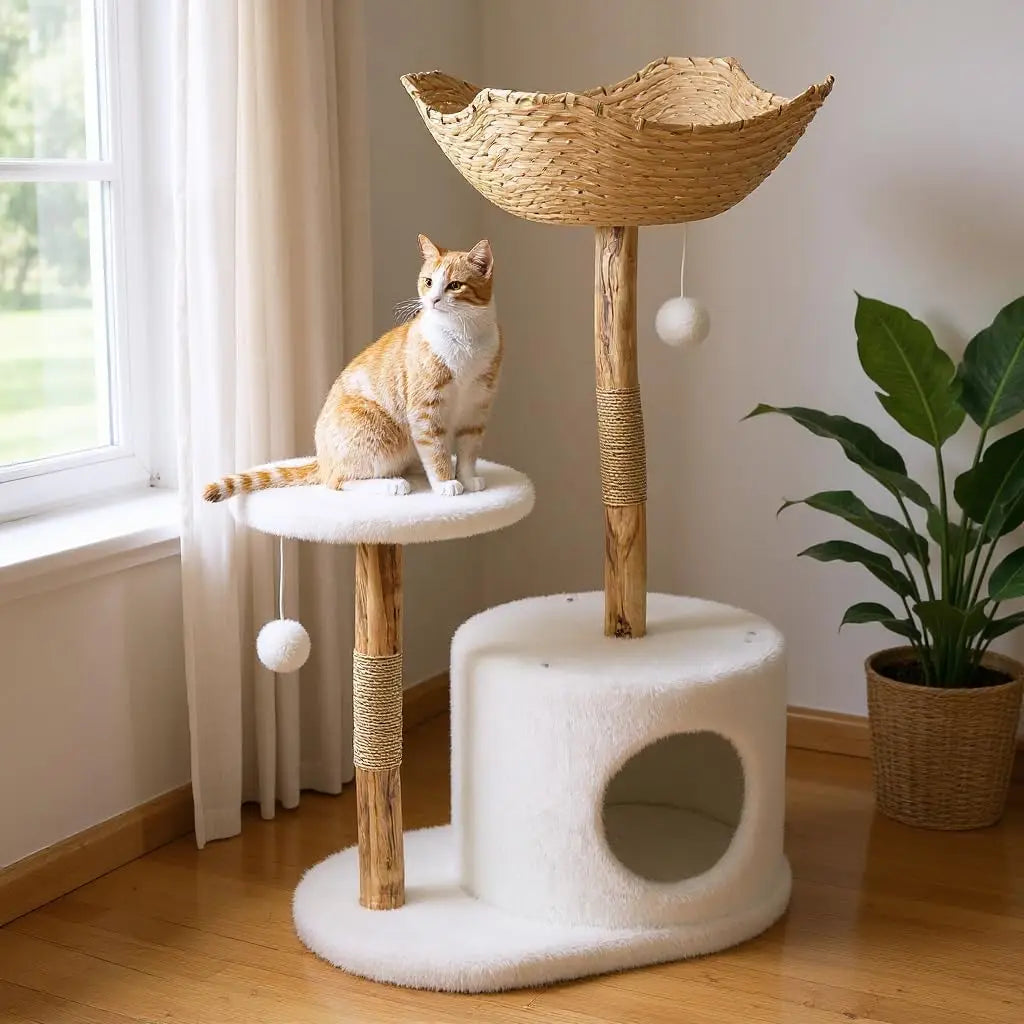 Multi-Level Wood Cat Tree with Condo and Basket