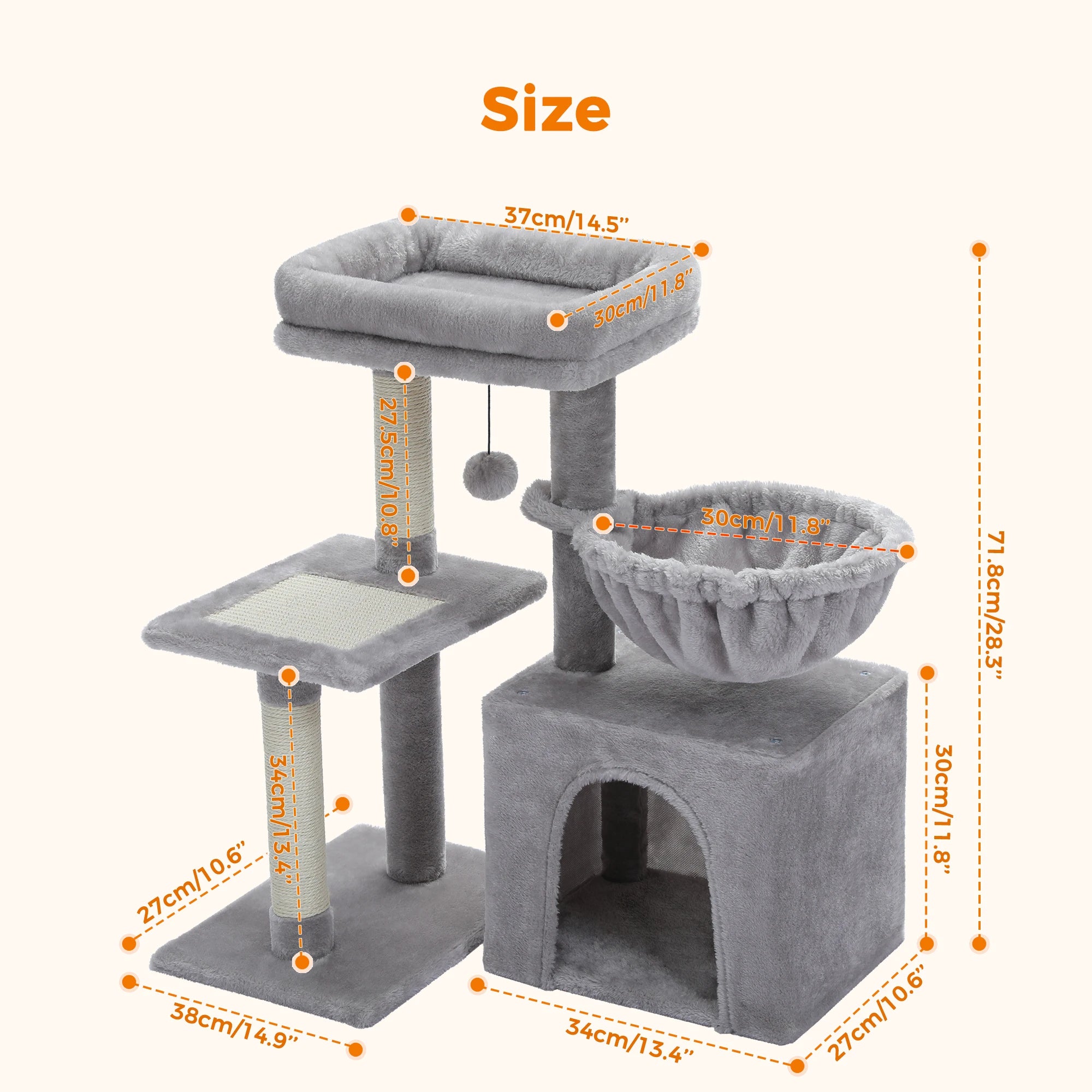 3-Tier Cat Tree with Scratching Posts, Hammock & Perch