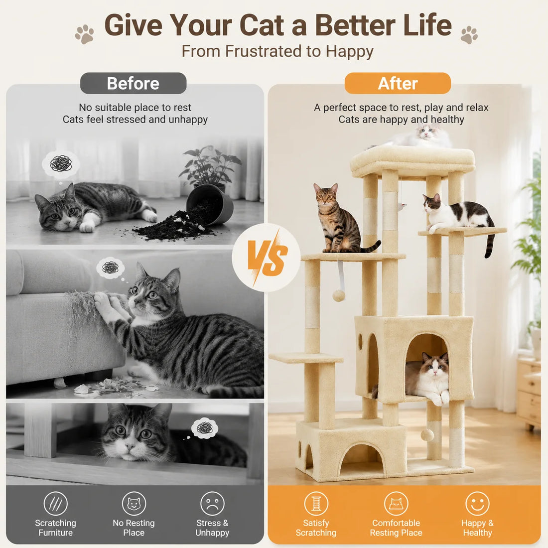 Large Cat Tower with 7 Scratching Posts & 2 Condos