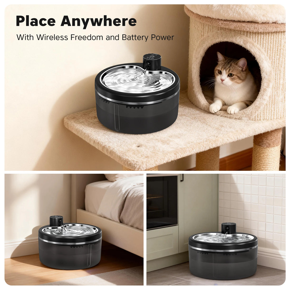 3L Wireless Cat Water Fountain with Stainless Steel Tray