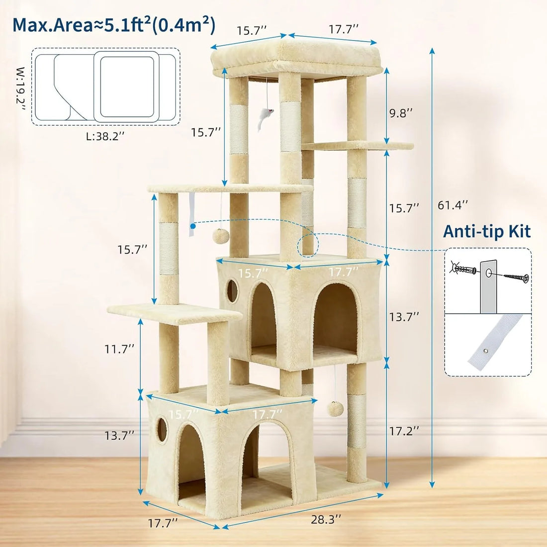 Large Cat Tower with 7 Scratching Posts & 2 Condos