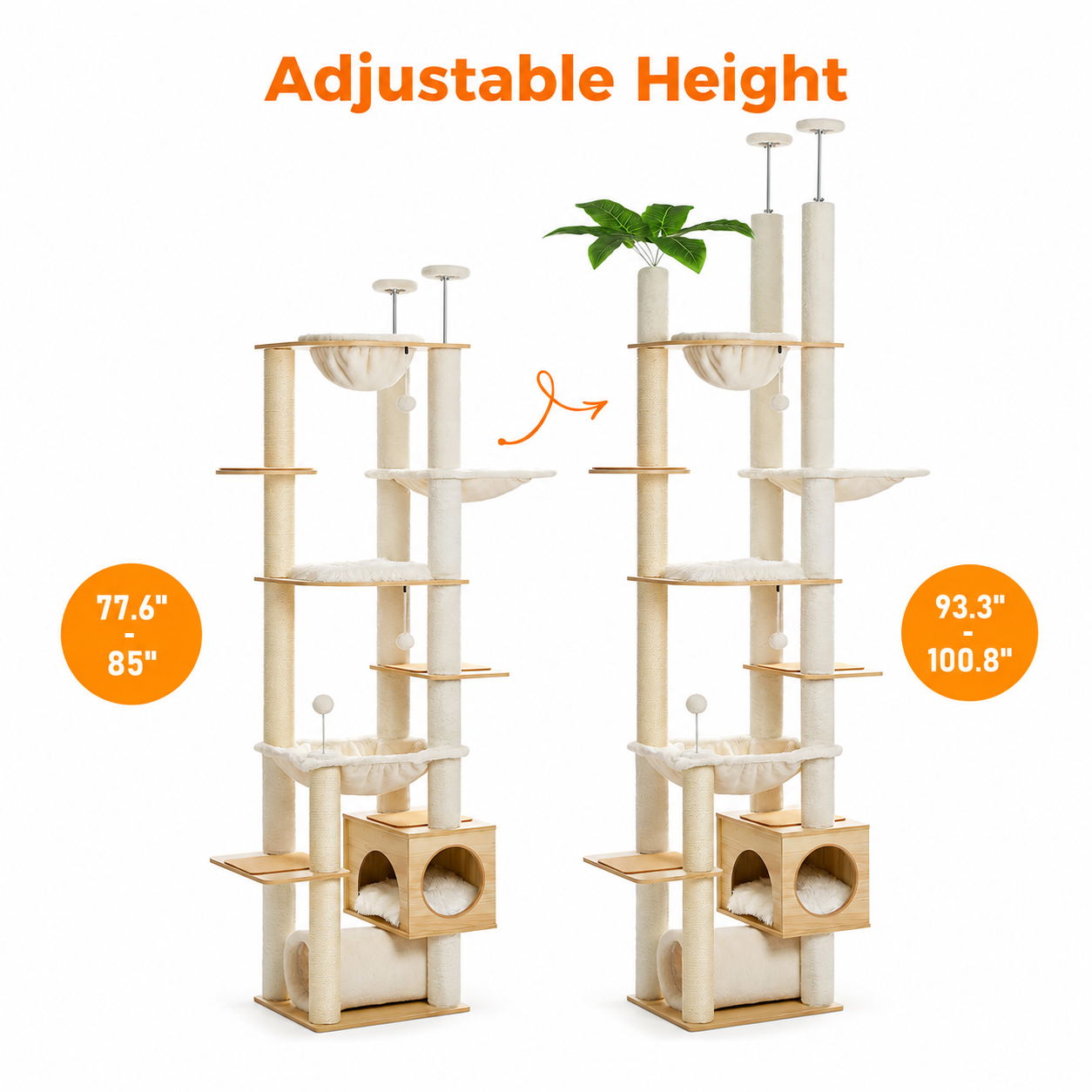 Height-Adjustable Wooden Cat Tree with Hammock