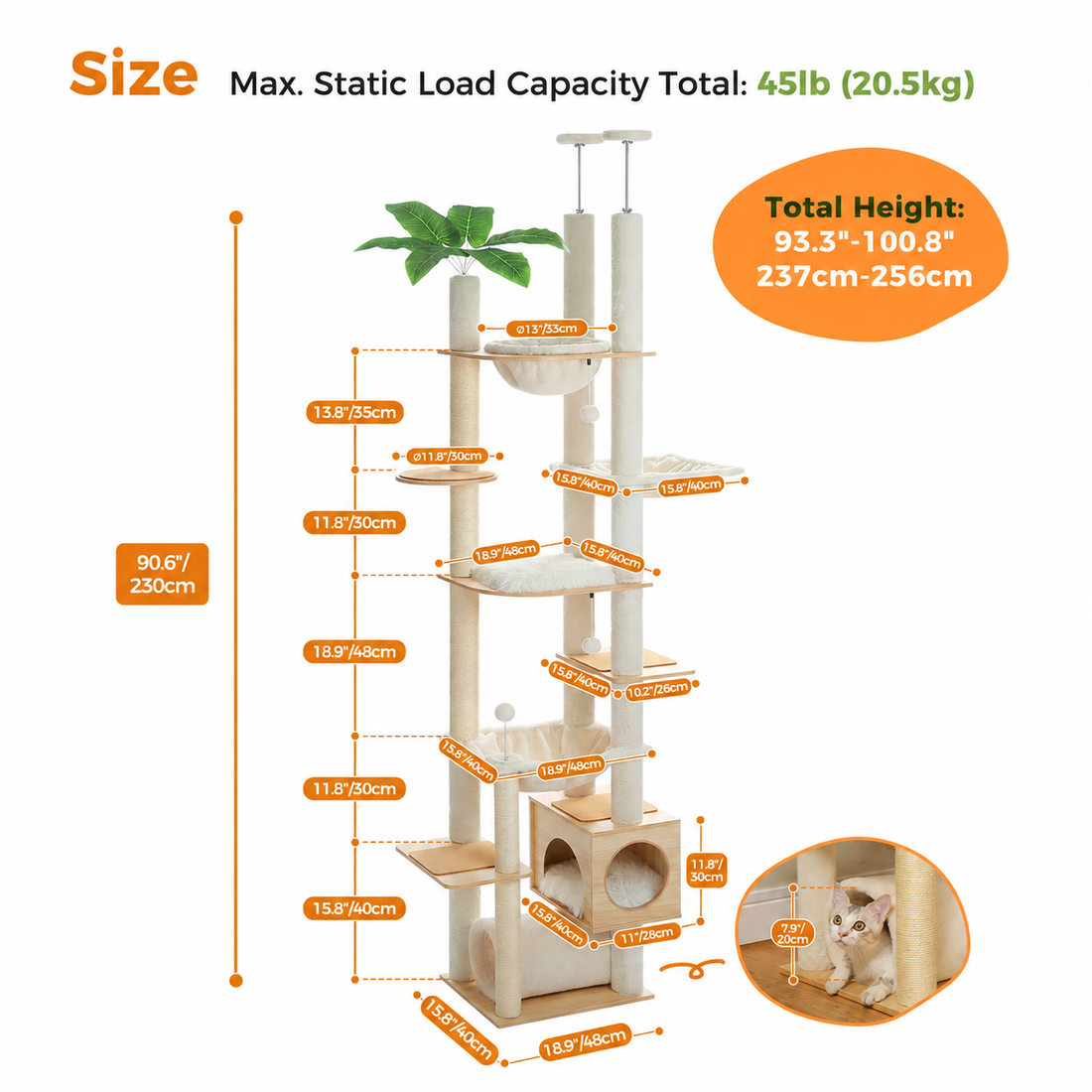 Height-Adjustable Wooden Cat Tree with Hammock