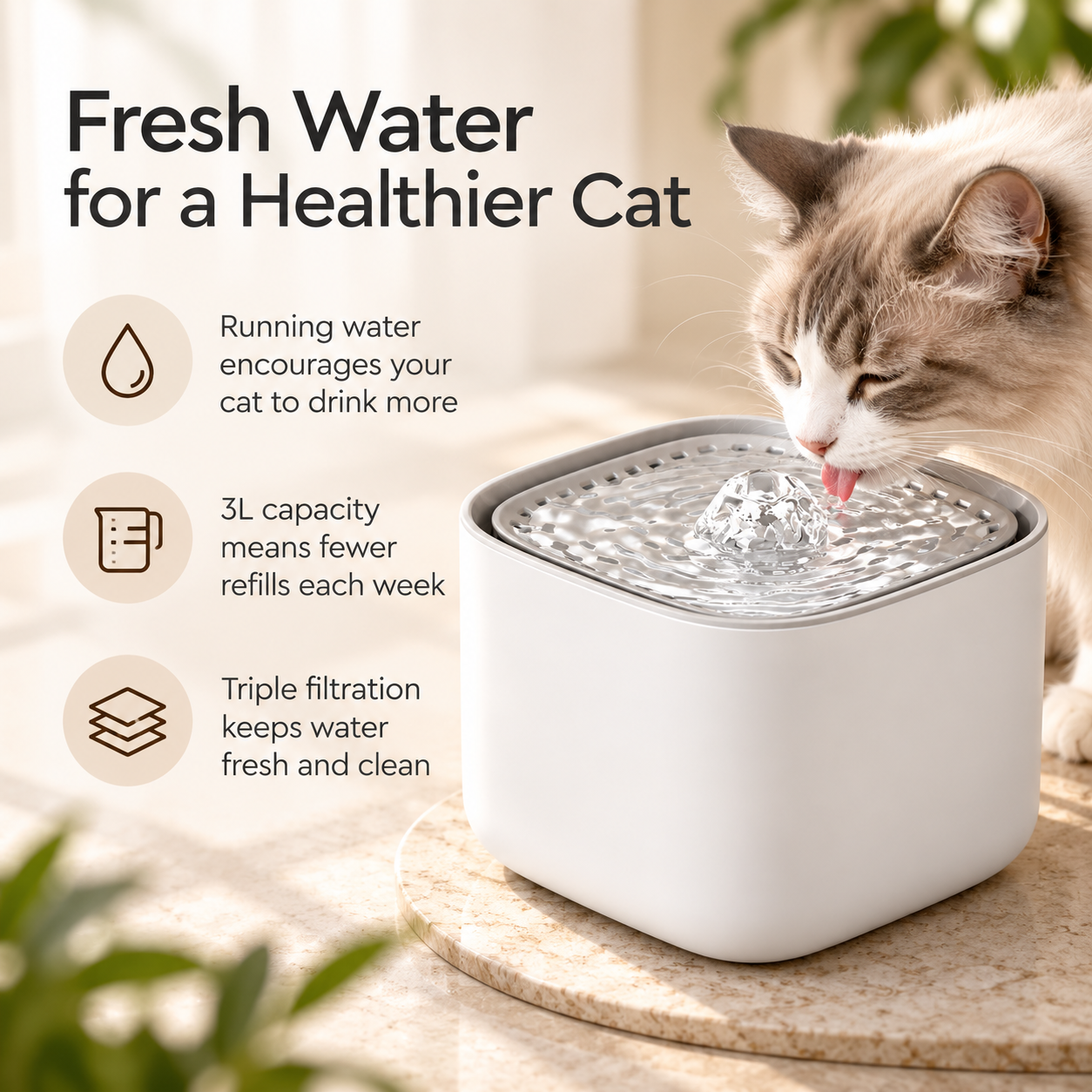 3L Flowing Cat Water Fountain with Auto Recirculating Filter