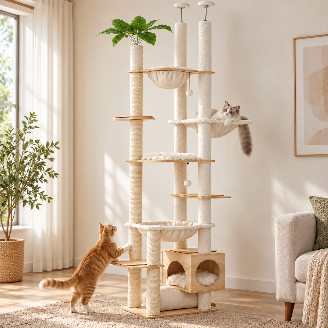 Height-Adjustable Wooden Cat Tree with Hammock