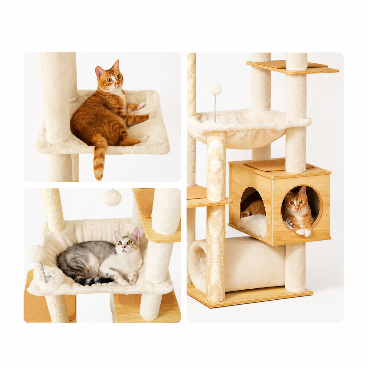 Height-Adjustable Wooden Cat Tree with Hammock