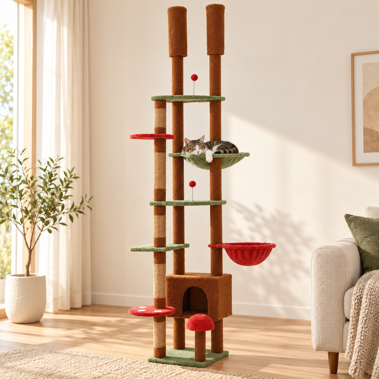 Height-Adjustable Wooden Cat Tree with Hammock