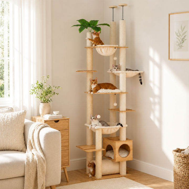Height-Adjustable Wooden Cat Tree with Hammock