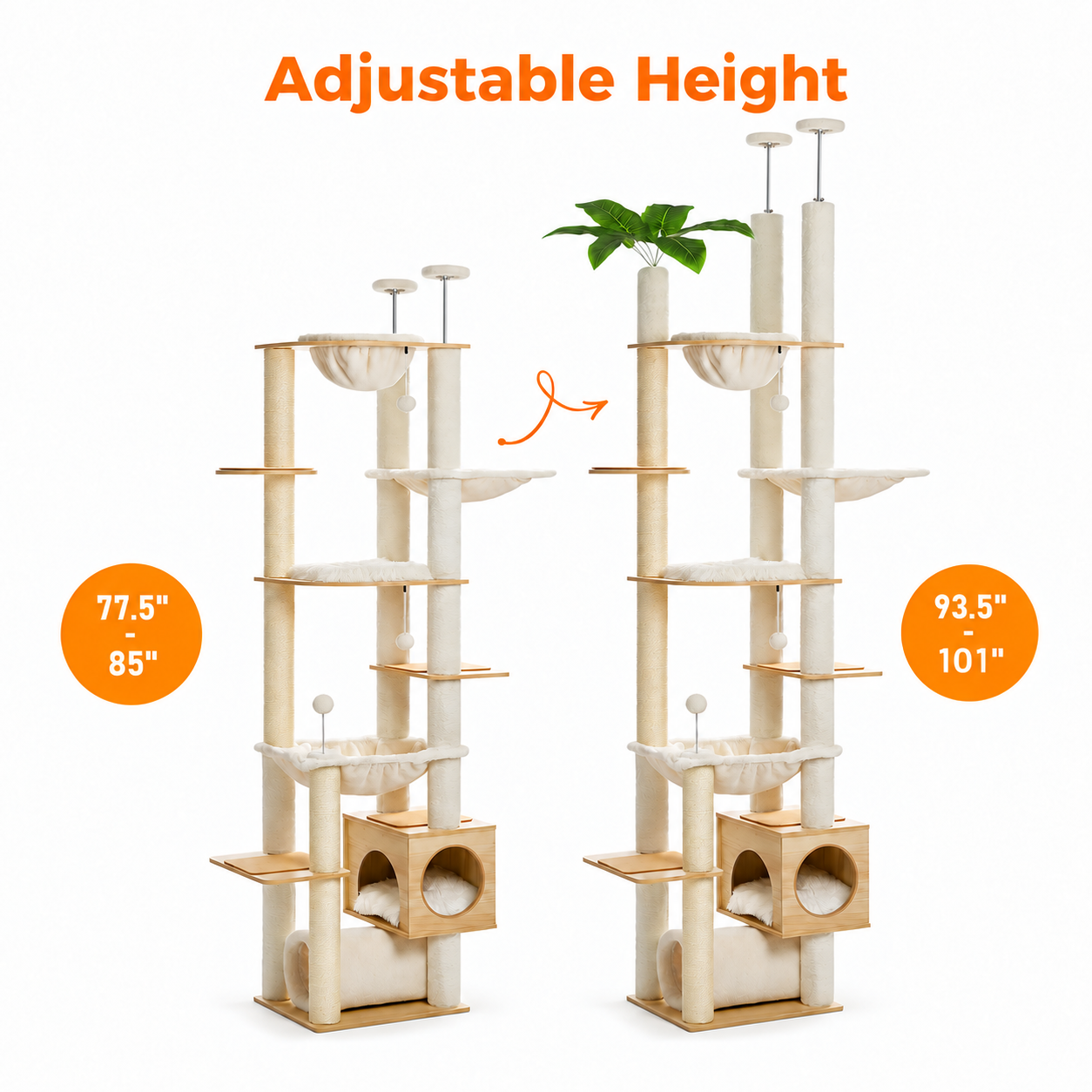 Height-Adjustable Wooden Cat Tree with Hammock