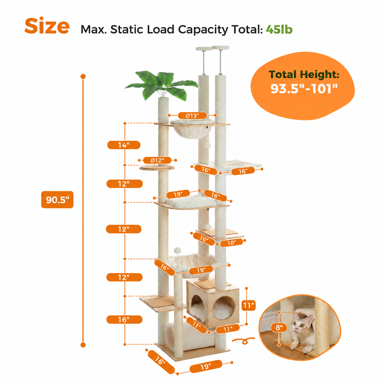 Height-Adjustable Wooden Cat Tree with Hammock
